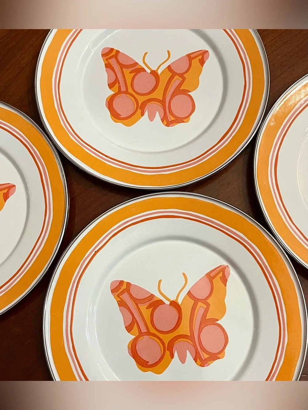 Rare VTG Golden Rabbit Enamelware Butterfly Plates Michal Sparks 4-Set Retro